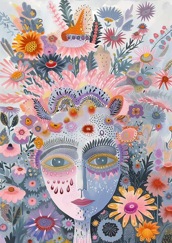 Colorful surreal face surrounded by vibrant flowers and leaves, featured on The Tribe - Vincent V product page.