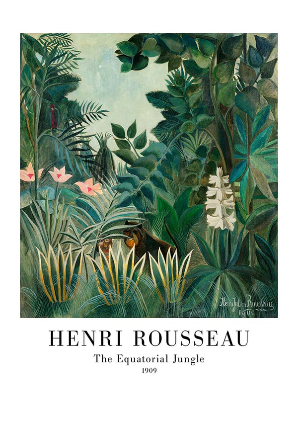 Painting of a lush green jungle with exotic plants and hidden animals, The Equatorial Jungle by Henri Rousseau.