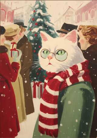 White cat with glasses and red scarf in a festive winter scene, surrounded by people and gifts.