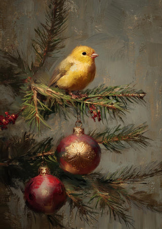 A yellow bird perched on a pine branch decorated with red and gold ornaments.