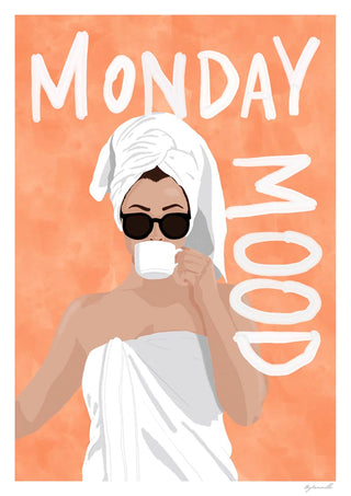 Illustration of a woman in a towel and sunglasses drinking coffee with "Monday Mood" text on an orange background.