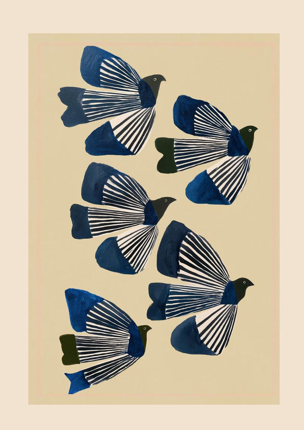 Illustration of five stylized birds in flight with blue and white wings on a beige background.