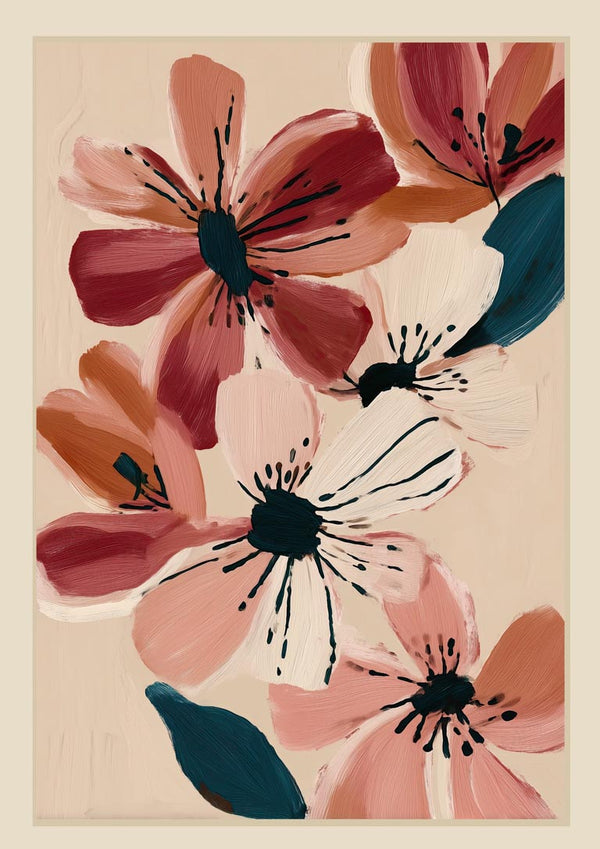 Abstract floral painting with blush pink and wine red blossoms on a light background by Branka Kodžoman.