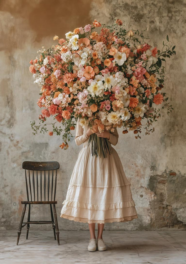 Woman in vintage dress holding a large, colorful bouquet of flowers next to an empty wooden chair.