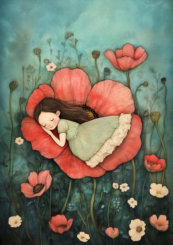 Illustration of a girl sleeping peacefully on a large red poppy flower, surrounded by blooming poppies.