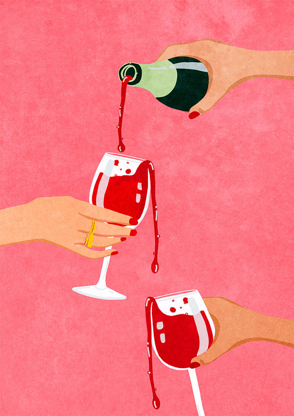 Illustration of wine being poured into glasses held by three women, celebrating friendship on a pink background.