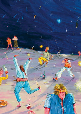 Starry Desert Party by Natascha Baumgärtner – revellers dancing under shooting stars on a lilac desert plain