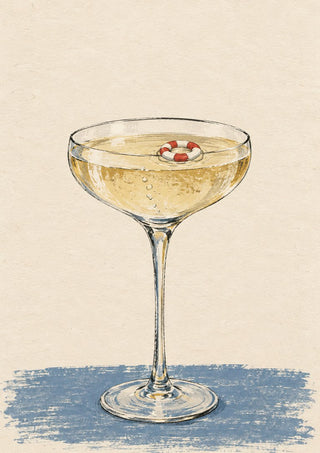 Champagne Emergency by Matthews Gallerie - a tiny red and white lifebuoy floating in a coupe glass of pale gold champagne