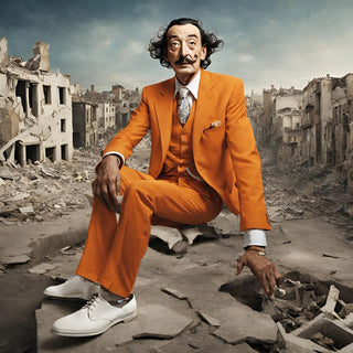 Surreal Collapse by Devour Art - Salvador Dalí in an orange suit seated on broken pavement in a ruined city