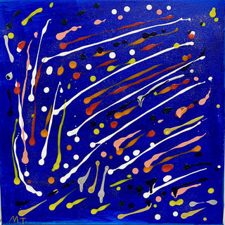 Celebration by Maria-Tia - white streaks and colourful dots dripped across a cobalt blue ground