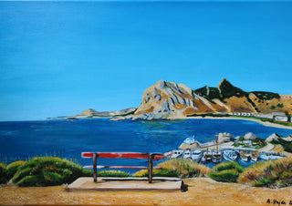 View towards Kolymbia by Nella Hajdu - red bench on a clifftop above a deep blue bay on Rhodes