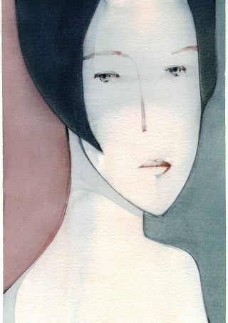 A Child by Designus - watercolour portrait with a black bob against rose and teal