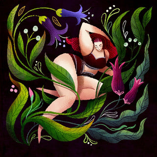 Your body is beautiful by Justyna - curvy woman relaxing among green leaves and bellflowers on black