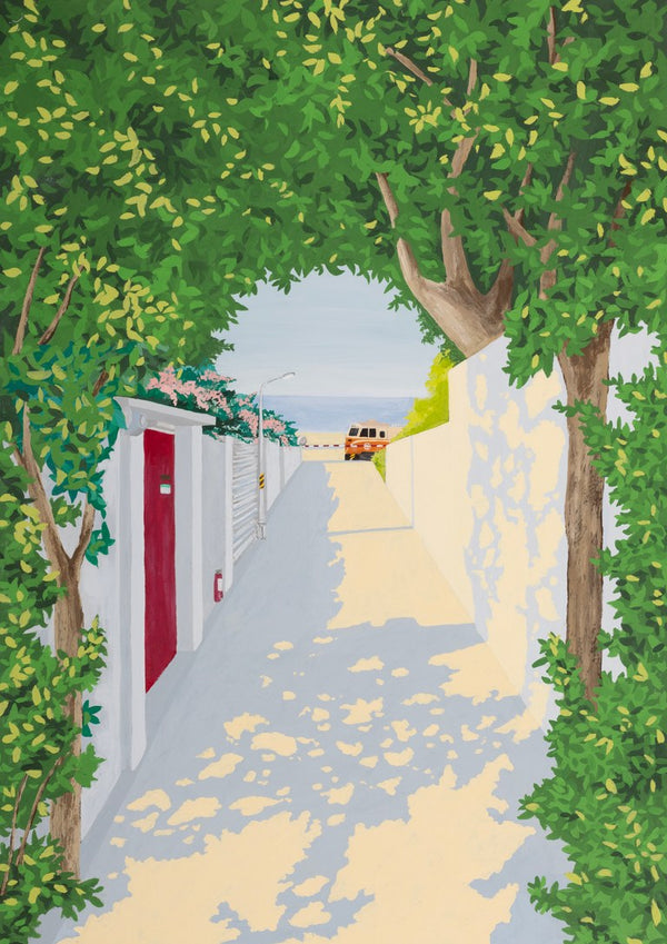 Story of light by Jaron Su - sunlit alley in Tainan with a red door