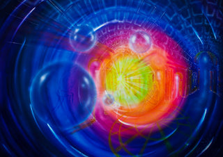 Cosmic Visions by Walter Zettl - swirling blue light tunnel with a glowing yellow and pink core and floating bubbles