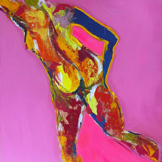 Pink Nude by René J - leaning figure painted in orange, yellow and cobalt on a bright pink ground