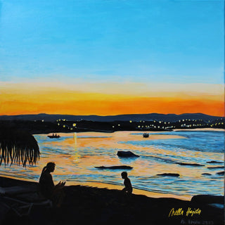 Last Rays by Nella Hajdu - woman and child in silhouette on a beach with an orange sunset over gold water