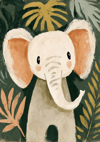 Jungle Elephant by Decker Studios - cream elephant with apricot ears among ochre and sage leaves on a dark green background