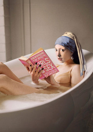 Chillin Time by Dikhotomy - young woman with a blue and yellow headscarf and a pearl earring reading a pink book in a white bathtub