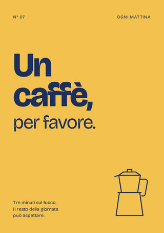 Un caffè, per favore by ARTSY FARTSY, navy typography coffee poster with a moka pot on mustard yellow