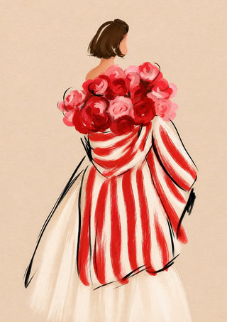 My Flowers by Martina Karlsson - a woman seen from behind in a red-striped shawl with red and pink roses