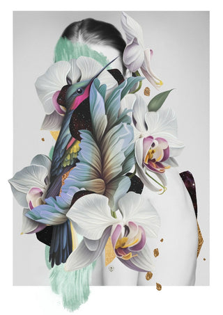 Blue Nostalgia by Rocio Montoya - a portrait covered by white orchids and a starry hummingbird