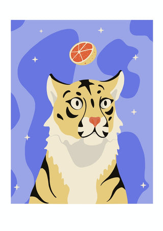 Grrrapefruit by Jakob Falkenberg - a wide-eyed tiger with half a grapefruit floating above its head