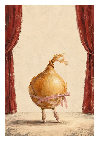 The Onion’s Last Dance by Matthews Gallerie - a golden onion en pointe on a stage between red curtains