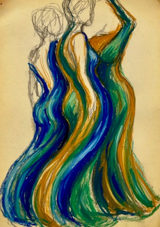 Two Gowns by Da Winters - two figures seen from behind in long blue, green and ochre gowns