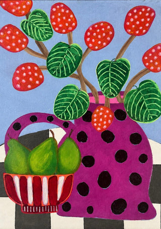 Sweet Pear by LGDyrby - a spotted magenta vase of red berries and a basket of green pears on a checked table