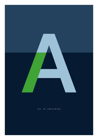 A as in Awesome – Blue by Quite Nice Prints - a pale blue capital A with a green stroke on navy