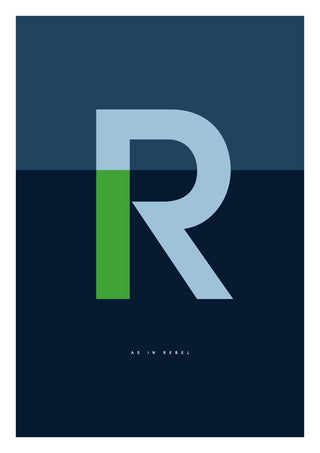 R as in Rebel – Blue by Quite Nice Prints - a pale blue capital R with a green stem on navy