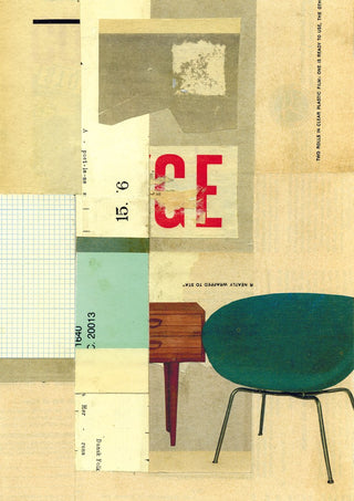 Neatly Wrapped by Kareem Rizk - layered aged paper with a teal moulded chair and a wooden side table