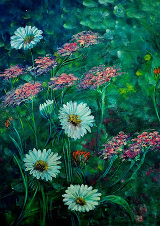White Daisies and Yarrow by Svetla Stoyanova Bassi - white daisies and pink yarrow on a deep green ground