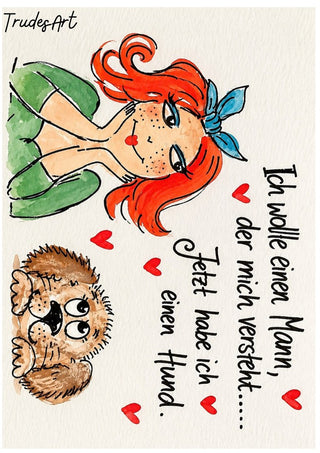 Ich wollte einen Mann by Trude - a red-haired girl and a shaggy dog with a handwritten German line
