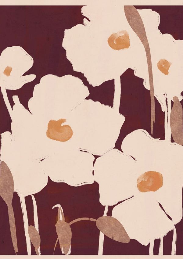 Abstract Flowers 10 by ThingDesign - cream flowers with ochre centres on a deep maroon ground
