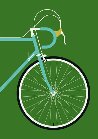 Italian Racing Bike - Detail by Bo Lundberg - the front wheel and handlebars of a turquoise racing bicycle on green