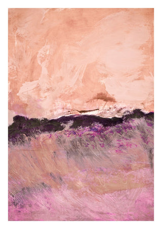 expressive landscape by Iris Lehnhardt - a magenta field under an apricot sky and dark treeline