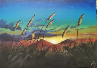 Breath of the evening by Lüba - reeds against a blue, green and orange sunset over dark hills