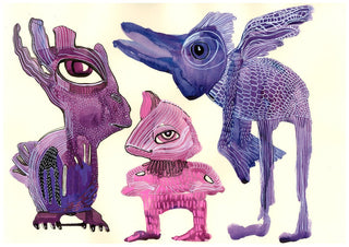 Strange little creatures by Lena Galé - three invented animals in purple, pink and blue on a cream ground