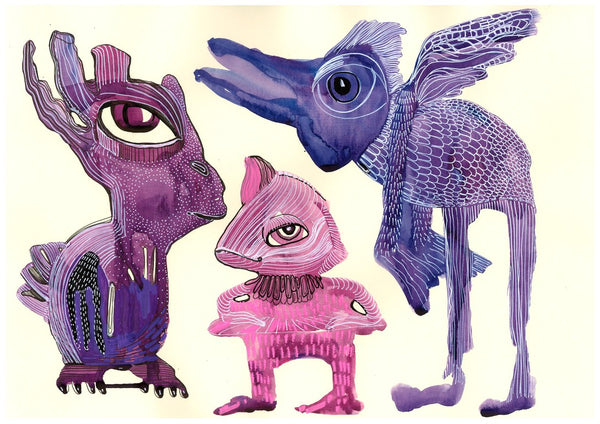Strange little creatures by Lena Galé - three invented animals in purple, pink and blue on a cream ground