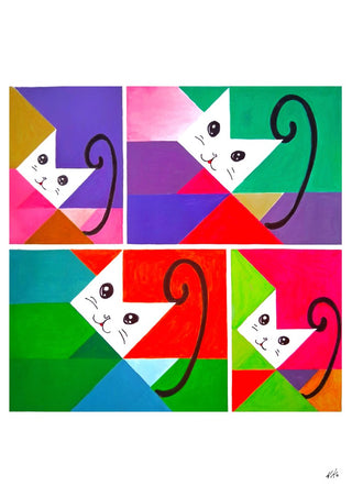 JUST FOUR CATS by NKo - four geometric white cats on bright triangular colour fields