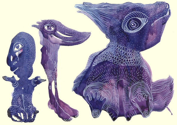 Odd Creatures by Lena Galé - three violet and deep blue creatures on a cream ground