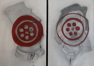 De maat by Julian staal - two panels with figures whose heads are covered by red circles
