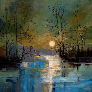 Sun over Still Water by Justyna Kopania - bare trees and a pale sun reflected in blue water