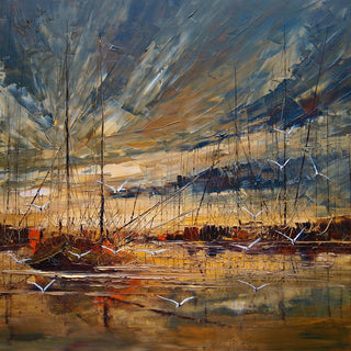 Masts in Golden Light by Justyna Kopania - bare masts and gulls over water in warm gold and brown