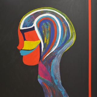 RED LINE by Ali Kasap - a profile head in bands of blue, yellow and red on black