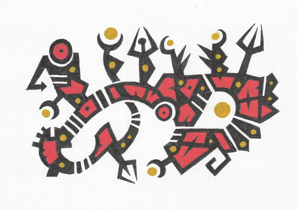 Red and Gold Glyphs by John Larkin - black glyph forms filled with bright red and set with golden discs