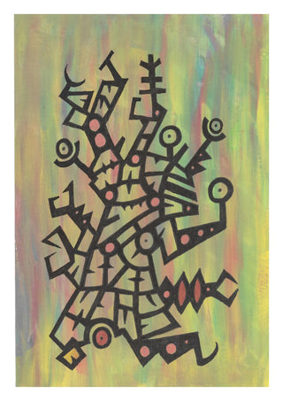 Glyphs on Green by John Larkin - black glyph forms on a ground brushed in green and yellow