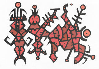 Red Totems by John Larkin - three upright black figures filled with bright red on white